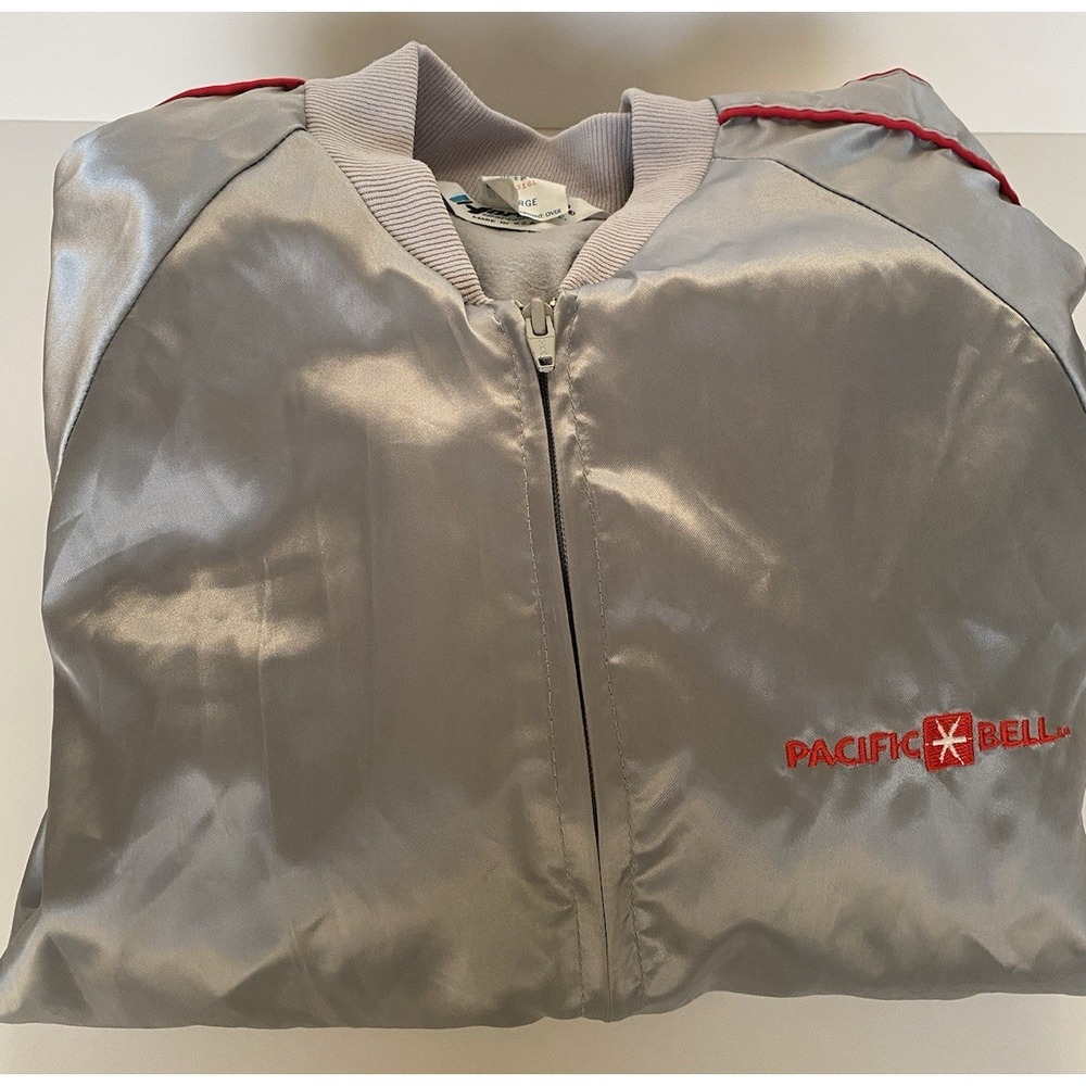 Horizon Sportswear Bomber Jacket Mens L Pacific Bell Silver Satin 80s Vintage